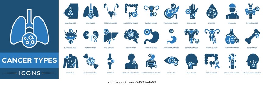 Cancer types icon. Breast Cancer, Lung Cancer, Prostate , Colorectal , Ovarian , Pancreatic Cancer, Skin and Leukemia