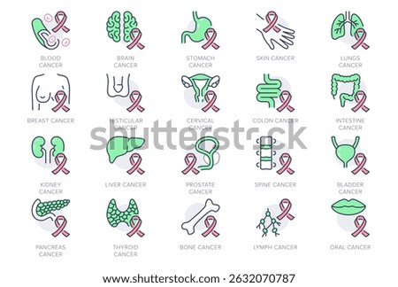 Cancer types line icon set. Vector illustration include icon - breast, stomach, respiratory, pancreas, kidney, testicles, uterine outline pictogram for oncology. Green Color, Editable Stroke.