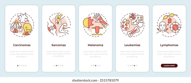 Tipos de cáncer que incorporan la pantalla del App móvil. 5 pasos de instrucciones gráficas editables con conceptos lineales. PLANTILLA UI, UX, GUI