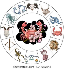 Cancer vector of Astrology design.horoscope circle with signs of zodiac set vector.signs such as a aries, taurus, gemini, cancer, leo, virgo, libra, scorpio, sagittarius, capricorn,aquarius, pisces.