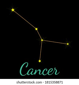 Cancer vector constellation with stars and name. One of twelve  elements of western horoscope. Graphic elements for print designs - calendar, poster, sky map, sticker 