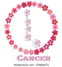 Cancer vector Zodiac sign. Sakura flowers on white background. 