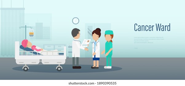 Cancer ward banner with patient and medical staff flat design vector illustration