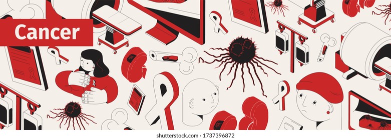 Cancer web isometric horizontal composition with isolated images human heads medical appliances and symbols with text vector illustration