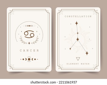 Cancer. Witchcraft cards with astrology zodiac sign and constellation. Perfect for tarot readers and astrologers. Occult magic background. Horoscope template. Vector illustration in boho style.