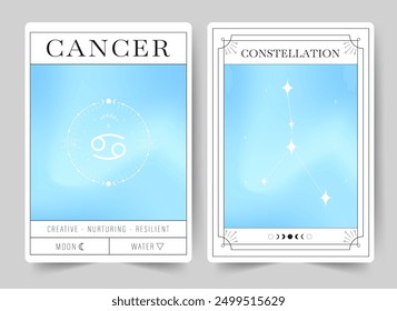 Cáncer. Tarjetas de brujería con signo del zodiaco de astrología y constelación. Carteles de astrología borrosos de gradiente moderno en estilo Y2k. Perfecto para los lectores de tarot y astrólogos. Ilustración vectorial.