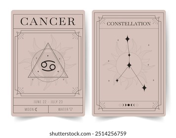 Cancer. Witchcraft cards with astrology zodiac sign and constellation. Modern boho astrology posters. Perfect for tarot readers and astrologers. Vector illustration.