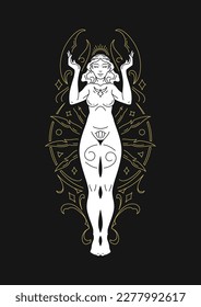 Cancer woman goddess astrology antique line art deco silhouette contoured vector illustration. Crayfish female horoscope astrological ancient lunar calendar character celestial fashion artwork