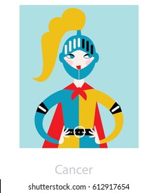 Cancer woman horoscope sign as a knight girl. Vector illustration.