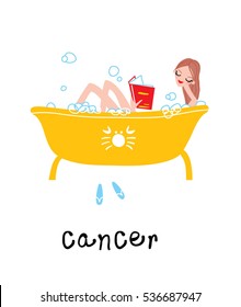 Cancer woman horoscope sign. Young female reading a book in the bath. vector illustration.