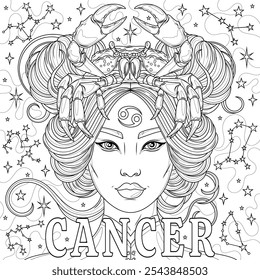 Cancer Woman.Astrological Zodiac Sign.Coloring book antistress for children and adults. Illustration isolated on white background.Zen-tangle style. Hand draw