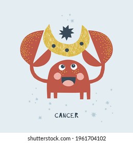 Cancer zodiac character nursery poster. Cartoon horoscope vector illustration. Magical Boho baby spiritual astrological design. Scandinavian decorative childish print.