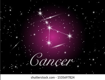 Cancer zodiac constellations sign on beautiful starry sky with galaxy and space behind. Cancer horoscope symbol constellation on deep purple cosmos background