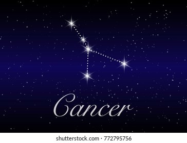 Cancer zodiac constellations sign on beautiful starry sky with galaxy and space behind. Cancer horoscope symbol constellation on deep cosmos background.