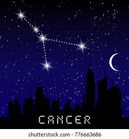 Cancer zodiac constellations sign on beautiful starry sky with galaxy and space behind. Cancer horoscope symbol constellation on deep cosmos background. vector 