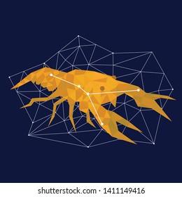 Cancer zodiac golden vector sign on the dark blue background. Vector horoscope symbol cancer for astrology predictions. Gold design zodiac sign of horoscope constellation vector stars