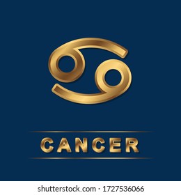 Cancer zodiac golden vector sing with gold letters on the dark blue background. Vector horoscope symbol for design
