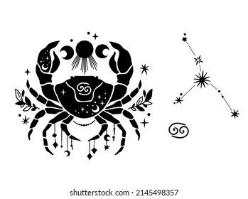 Cancer zodiac hand drawn sign isolated clipart on white, unique astrology symbol and constellation, mystical horoscope sign in black silhouette, modern vector