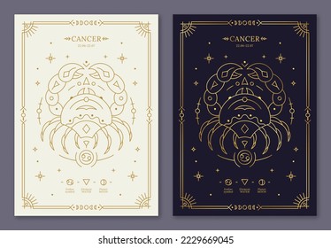 Cancer zodiac horoscope golden signs on dark navy and white cards set. Stylized symbols of esoteric, zodiacal astrological calendar, horoscope constellation, cover design thin line vector illustration