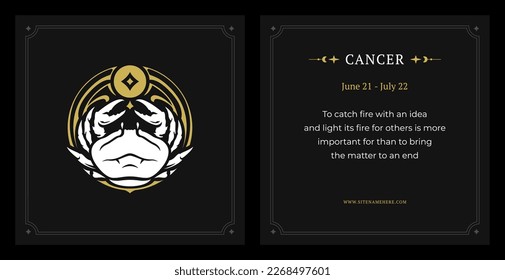 Cancer zodiac horoscope prediction astrology description data black vintage card design template set vector illustration. Crayfish esoteric astrological impression constellation lunar calendar antique