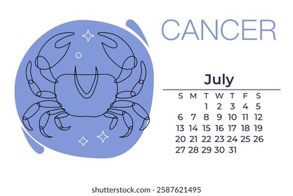 Cancer zodiac horoscope sign line art silhouette design vector illustration. elegant linear astrological cancer logo template with july calendar.