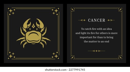 Cancer zodiac horoscope symbol vintage card design template set with description vector illustration. Crayfish astrological character constellation celestial mythic lunar calendar future prediction