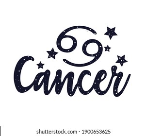 Cancer zodiac lettering sign. Handwritten astological card text. Typography font horoscope symbol icon. Astrology sticker. Astronomy badge. Stock illustration. Lettering text. Stars and patterns.