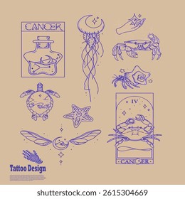 Cancer zodiac logo tattoo design set