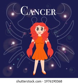 Cancer zodiac sign. Anime girl with red hair in an orange dress and with cancer hands. Against the background of a dark blue sky with stars. At the top is the name of the sign.

