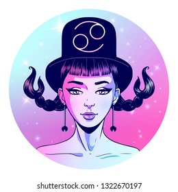 Cancer zodiac sign artwork, beautiful girl face, horoscope symbol, star sign, vector illustration