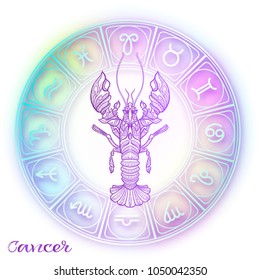 Cancer, Zodiac sign. Astrological horoscope collection. Violet on soft ultra violet space  background. Vector illustration