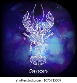 Cancer, Zodiac sign. Astrological horoscope collection. White on dark  blue and ultra violet space  background. Vector illustration