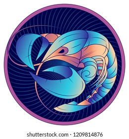 Cancer zodiac sign, astrological, horoscope symbol. Futuristic style icon. Stylized graphic blue crayfish swimming in a circle, side view, with large pincers and mustache. Vector illustration.