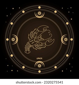 Cancer zodiac sign, astrological horoscope sign in a mystical circle with moon, sun and stars. Golden design, vector