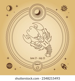 Signo de cáncer Zodiaco, signo de horoscopio astrológico. Dibujo de esquema en un círculo decorativo con símbolos astronómicos místicos. Vector