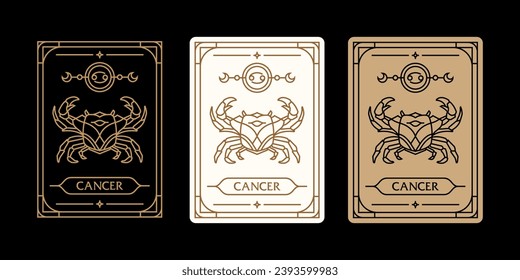 
cancer zodiac sign astrology cards set , horoscope, tarot, fortune teller. Vintage mystical illustration outline hand drawing, magical esoteric horoscope templates for wall print poster