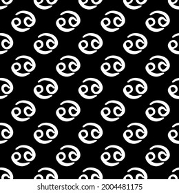 Cancer zodiac sign black and white seamless pattern vector. White hand-drawn astrological symbols on black endless texture