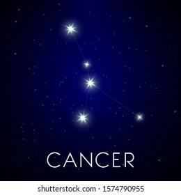 Cancer zodiac sign bright stars in cosmos, constellation in night sky vector. Astrology symbol of zodiacal system, space and galaxy. Horoscope, astronomy and shining celestial bodies, mythology