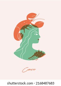 Cancer zodiac sign card. Female green silhouette with cancer and seashell. Vector illustration of an astronomical sign with a girl isolated. Horoscope with the sign of Cancer.