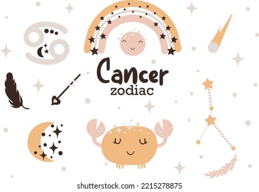 Cancer zodiac sign clipart - cute kids horoscope, zodiac stars, constellation, rainbow, planet, leaves, arrow and comet isolated Vector illustration on white background. Cute vector astrological chara