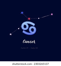 Cancer zodiac sign with constellation and handlettering isolated on dark background. Vector illustration EPS 10.