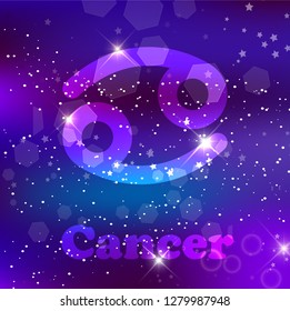 Cancer Zodiac sign and constellation on a cosmic purple background with glowing stars and nebula. Vector illustration, banner, poster, crab card. Space, astrology, horoscope, astronomy, fantasy design