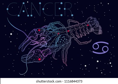 Cancer zodiac sign and constellation symbol on a cosmic blue background with stars. Horoscope astrology, astronomy, fantasy, mythology. Vintage engraving tattoo style. Hand drawn vector illustration.