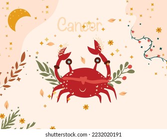 Cancer zodiac sign. Cute banner with Cancer, stars, flowers, and leaves. Astrological sign of the zodiac. Vector illustration.