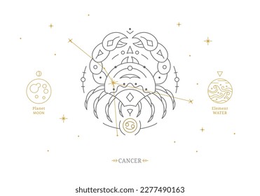 Cancer zodiac sign with description of personal features. Astrology horoscope card with zodiac constellation on white background thin line vector illustration