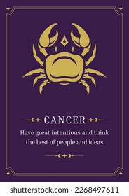 Cancer zodiac sign with description text elegant celestial vintage poster design template vector illustration. Crayfish horoscope astrology symbol constellation impression esoteric lunar calendar
