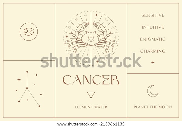 Cancer Zodiac Sign Design, Esoteric Abstract Logo,\
Mystic Spiritual Symbols, Icons. Astrology, Moon and Stars, Magic\
Esoteric Art.