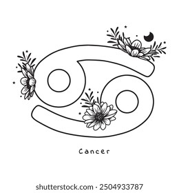 Cancer zodiac sign with flowers, stars and moon, vector art, white background