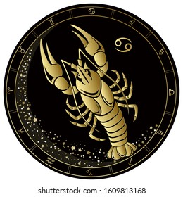 Cancer Zodiac sign. Golden circle on a black background. Vector illustration.