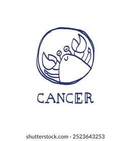 Cancer zodiac sign. Hand drawn sketch. Blue pen or marker drawing. Astrological calendar, zodiacal round. Vector horoscope